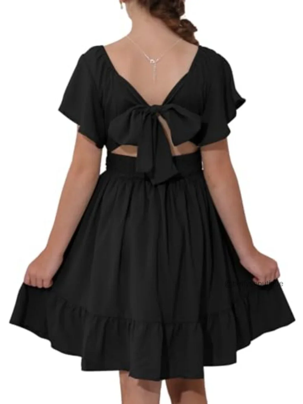 Girls Off Shoulder Tie Back Dress Square Neck A-Line Ruffle Hem 4-15Y